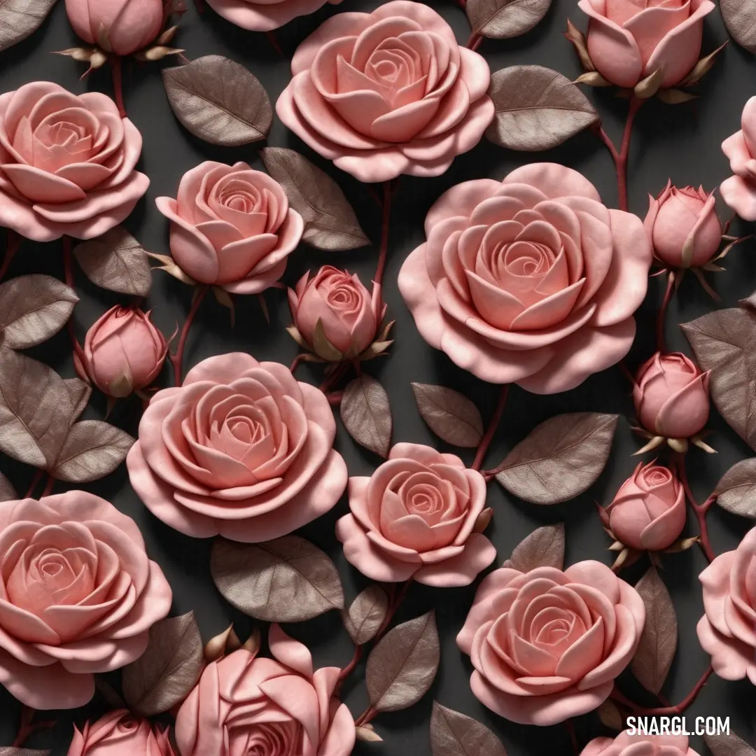 Bunch of pink roses with leaves on a black background. Example of #E59A93 color.