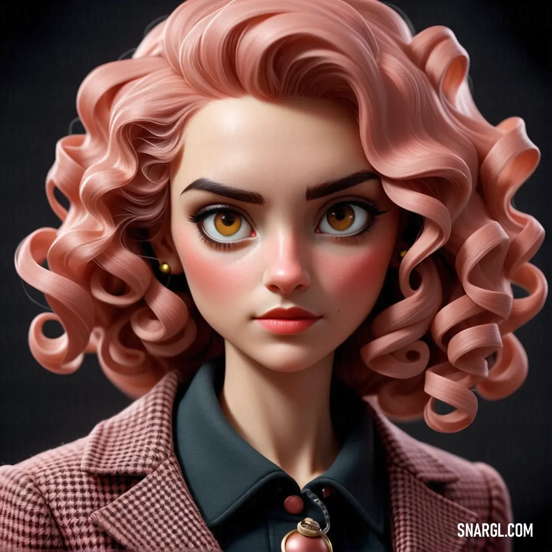 Doll with pink hair and a black shirt and a necklace on her neck and a black shirt on her collar. Color RGB 229,154,147.
