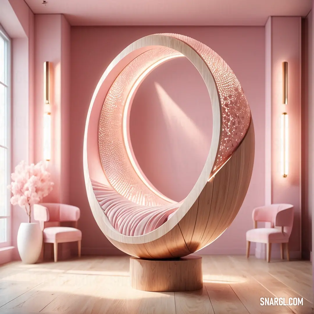 Pink room with a circular sculpture in the center of the room and a pink chair in the background. Color RGB 229,154,147.