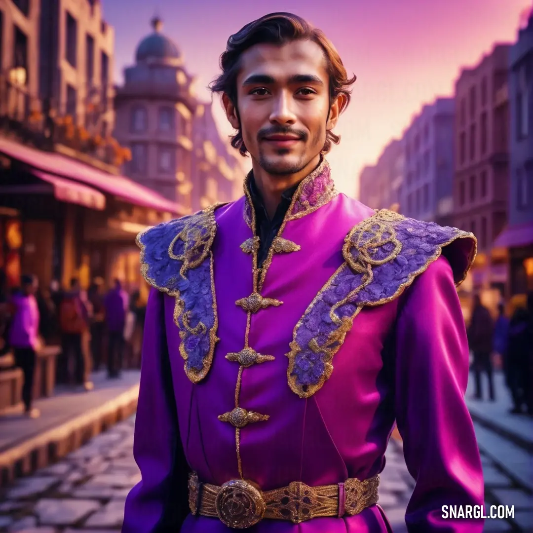 Man in a purple outfit standing in a street with a pink sky in the background. Example of RGB 164,26,103 color.
