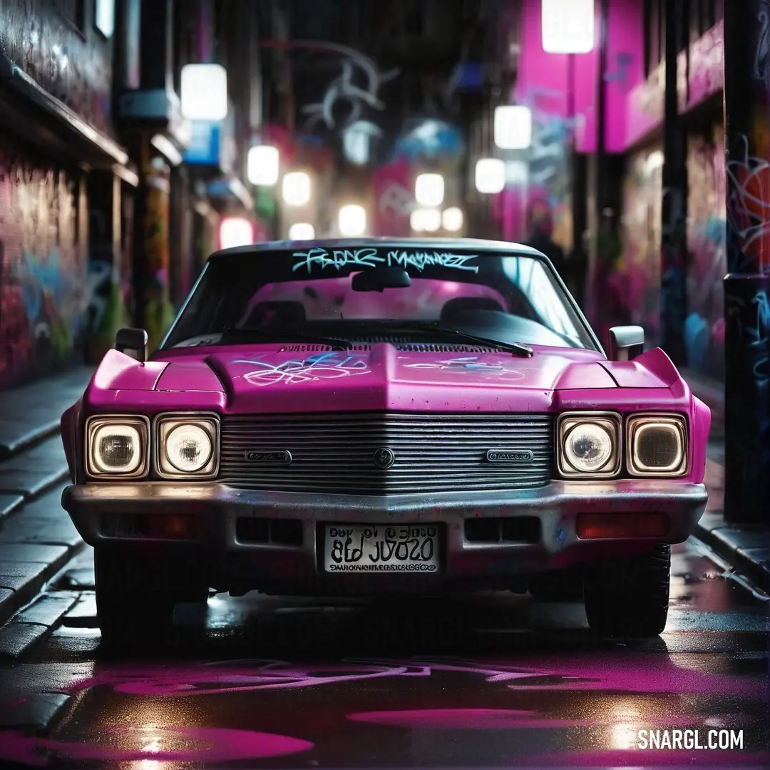 Pink car parked in a dark alley way with graffiti on the walls and the hood up and the lights on. Color PANTONE 234.