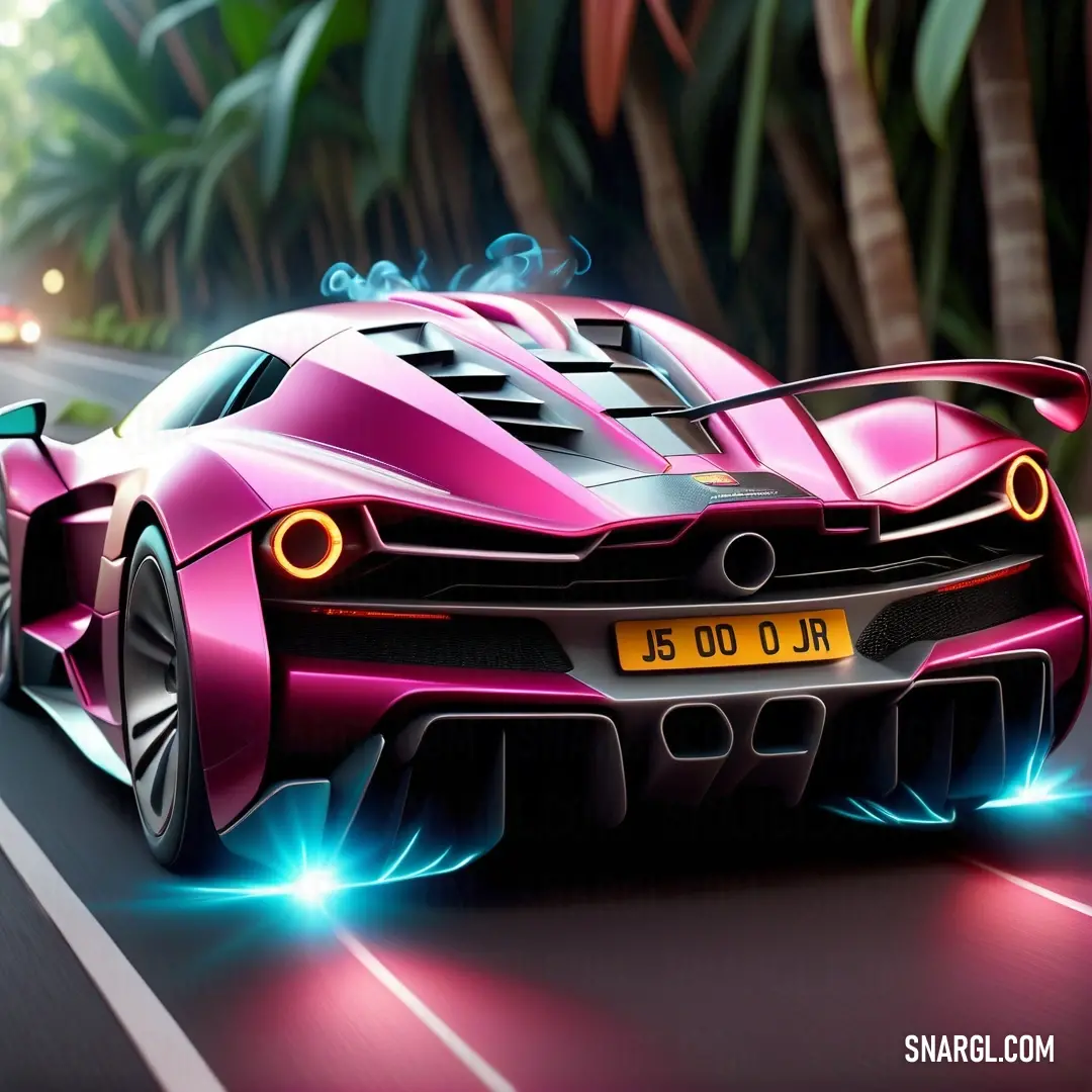 Pink sports car driving down a road with a lot of smoke coming out of the hood and headlights. Color PANTONE 234.