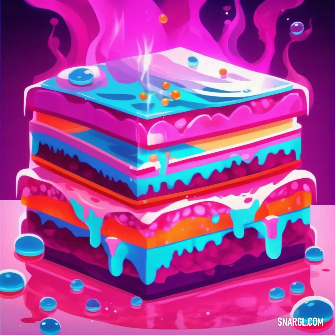 Stack of cake with a lot of icing on it and a lot of bubbles around it and a pink background. Color #A41A67.