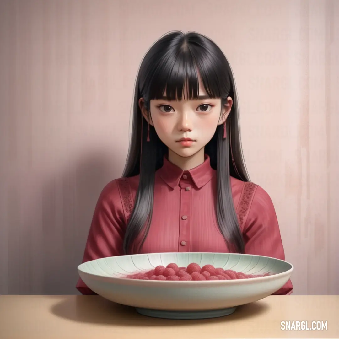PANTONE 2340 color. Girl is at a table with a bowl of food in front of her face and a plate of raspberries in front of her