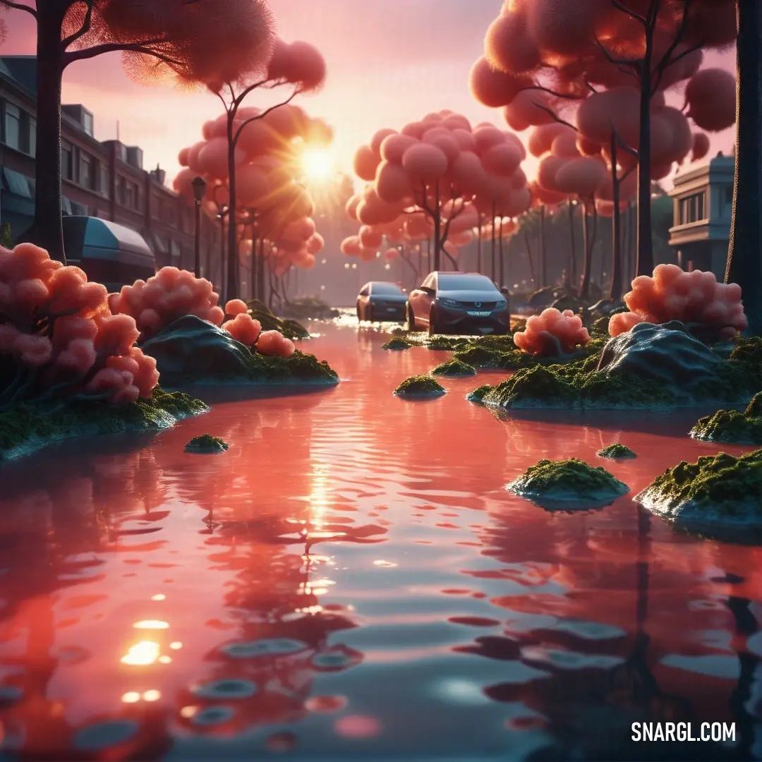 Painting of a street with a red puddle of water and trees with red balls in the sky and a car parked on the street