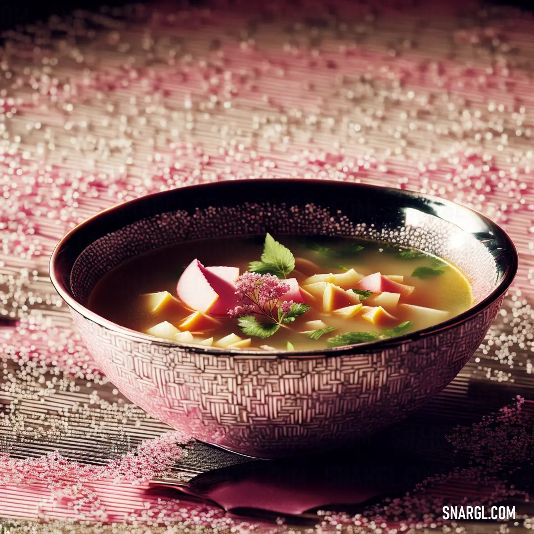 Bowl of soup with a spoon and a flower on the side of it on a table cloth with a pink and white pattern. Color RGB 187,108,107.