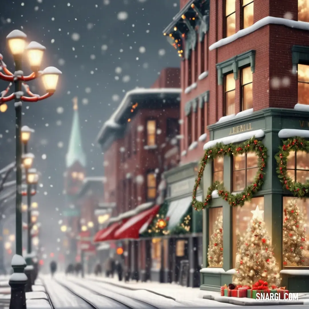 PANTONE 2341 color. Christmas scene with a street light and a christmas tree in the snow and a storefront