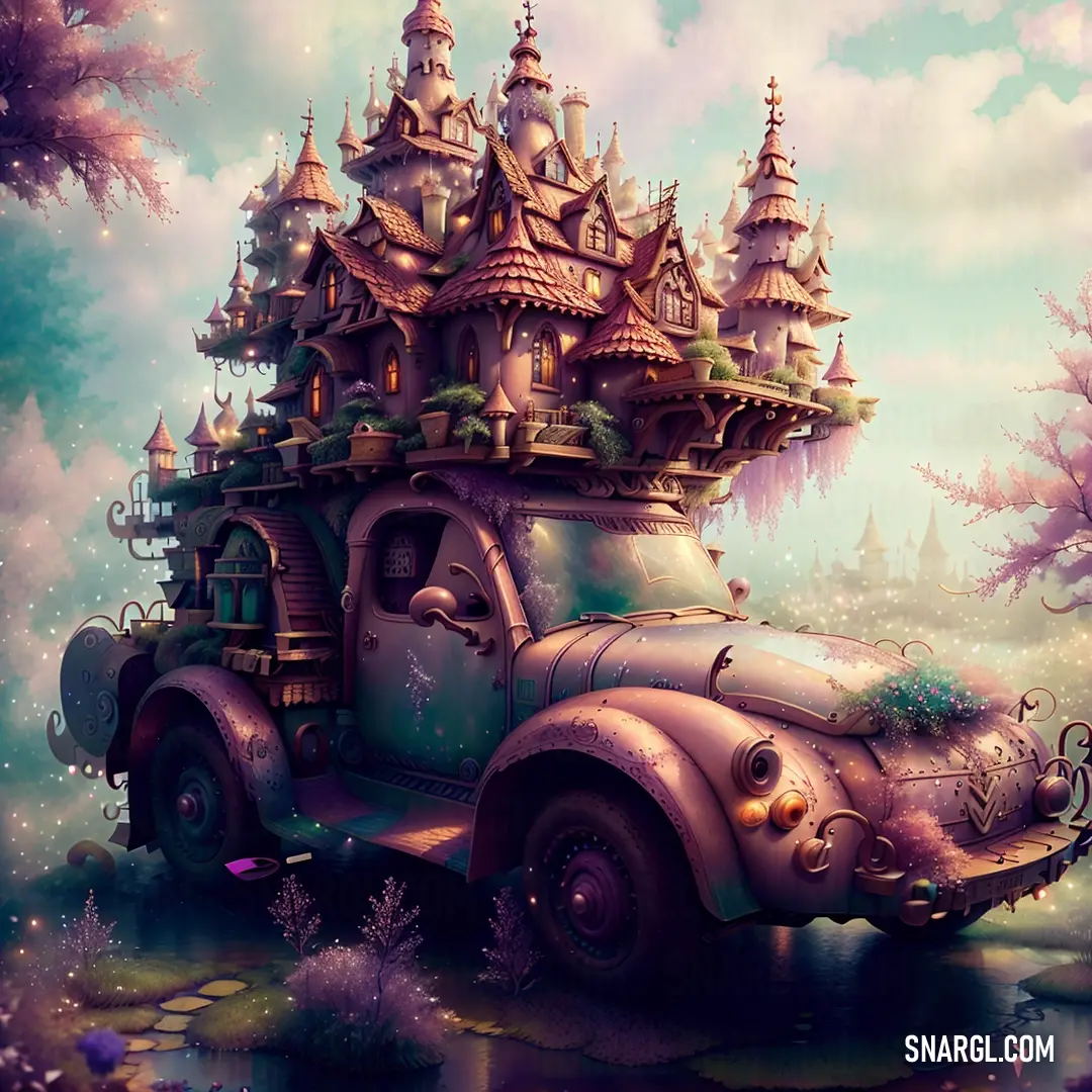 Car with a castle on top of it in the middle of a forest with trees and flowers on the ground. Color CMYK 24,75,44,10.