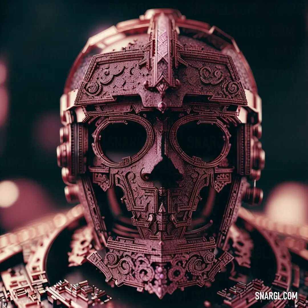 PANTONE 2343 color. Close up of a metal object with a skull face on it's head and a chain around its neck
