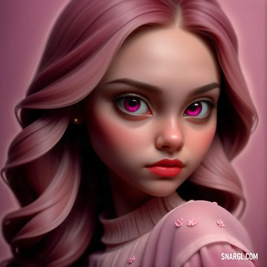 Digital painting of a girl with pink hair and pink eyes and pink dress with pink flowers on her shoulder. Color PANTONE 2343.