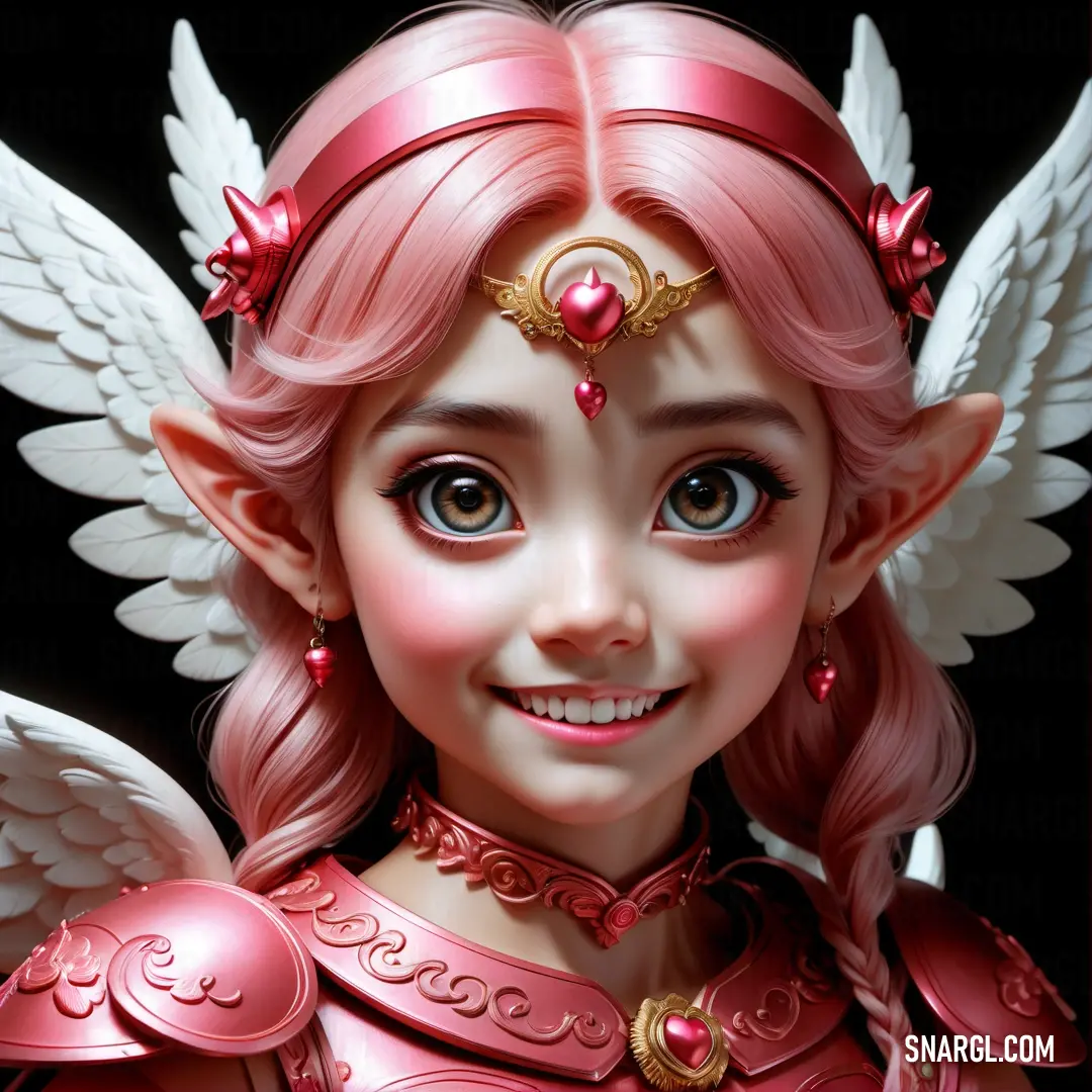 PANTONE 2345 color example: Cartoon picture of a pink fairy with wings and a pink dress and a gold tiara and a smile