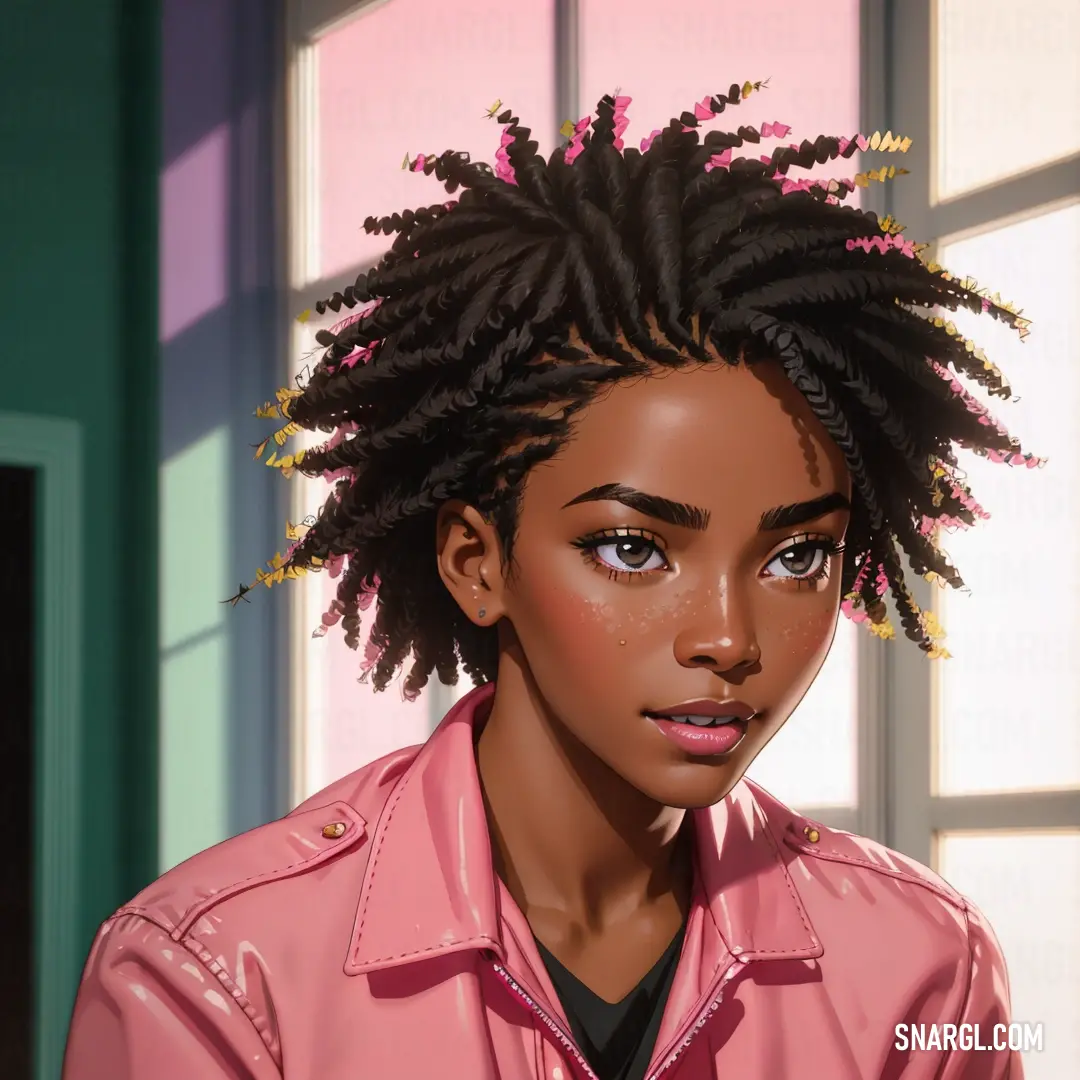 Digital painting of a woman with a pink shirt and a pink jacket on her head and a pink wall behind her. Example of #DD6D72 color.