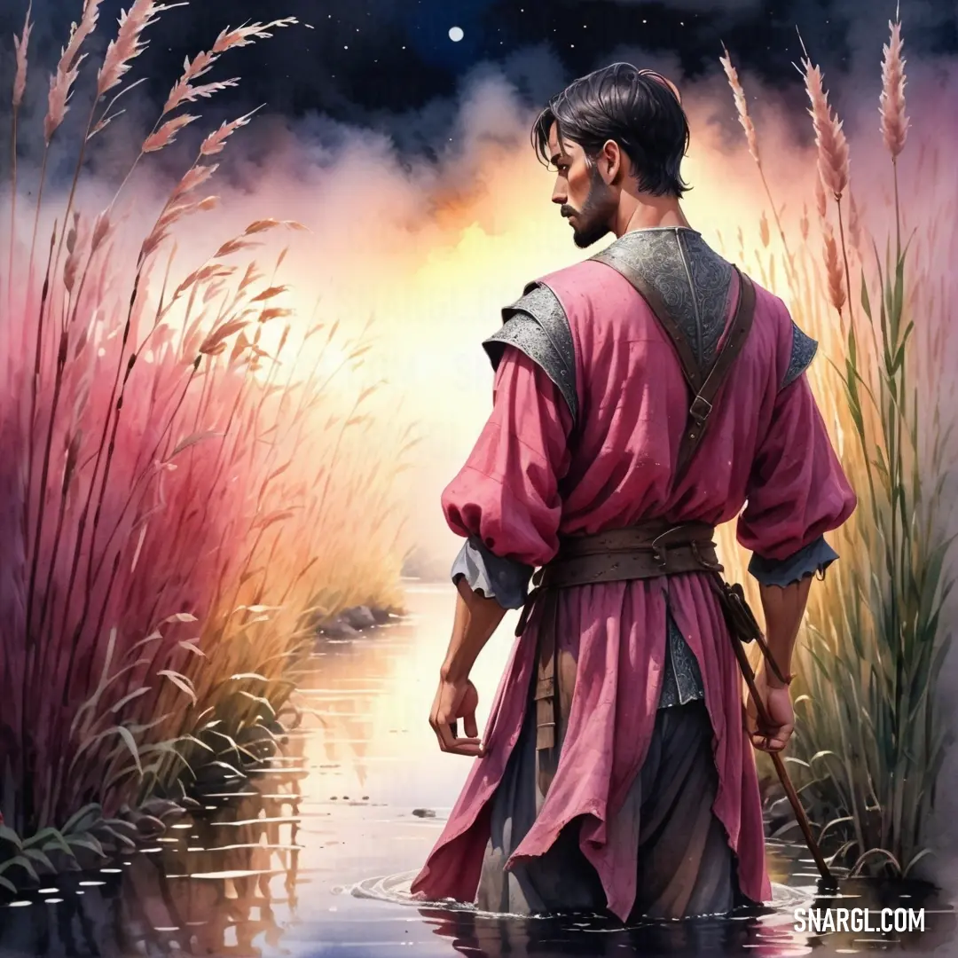 Man in a pink robe is standing in a river with a cane in his hand and a moon in the sky. Example of #DD6D72 color.