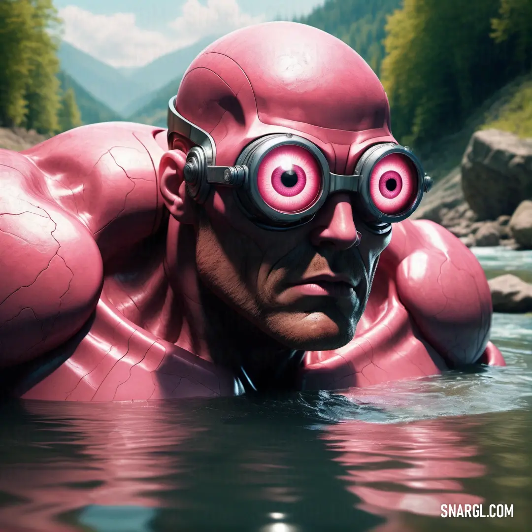 Man in a pink suit and goggles floating in a river with a mountain in the background. Example of #DD6D72 color.
