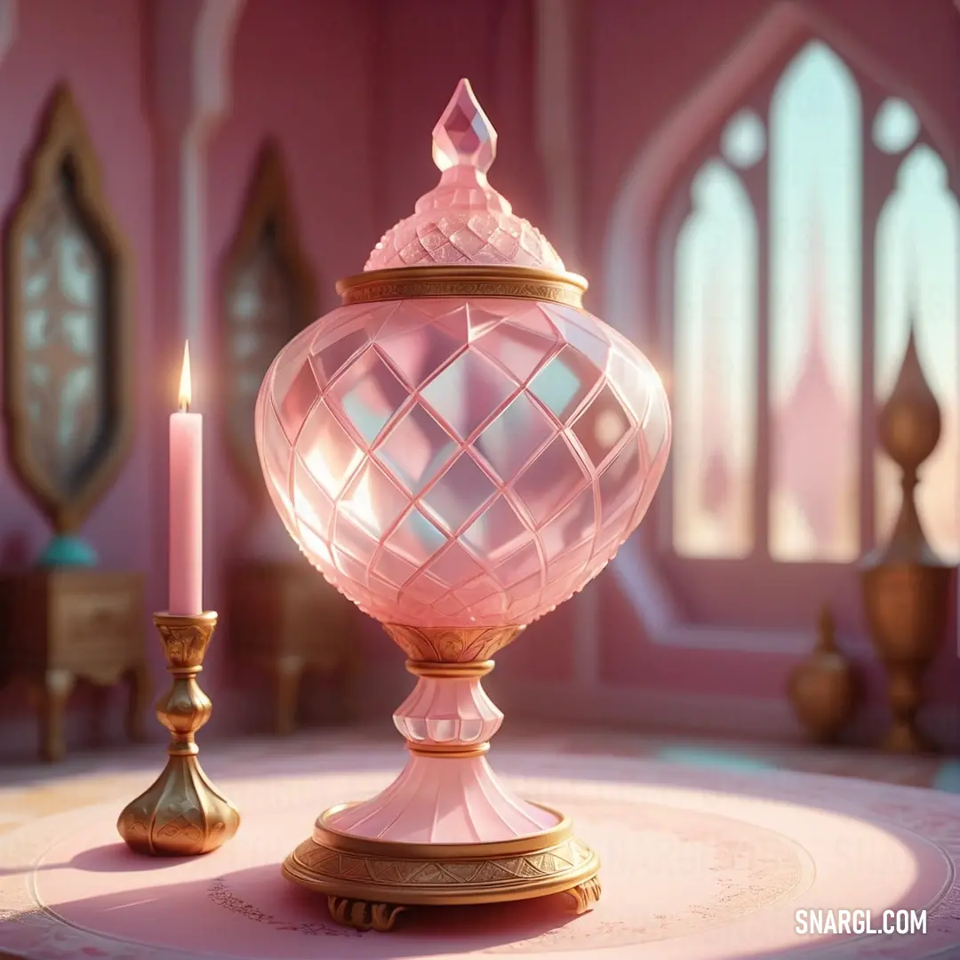 PANTONE 2346 color example: Pink candle holder with a candle on a table in a room with windows and a pink wall with a window