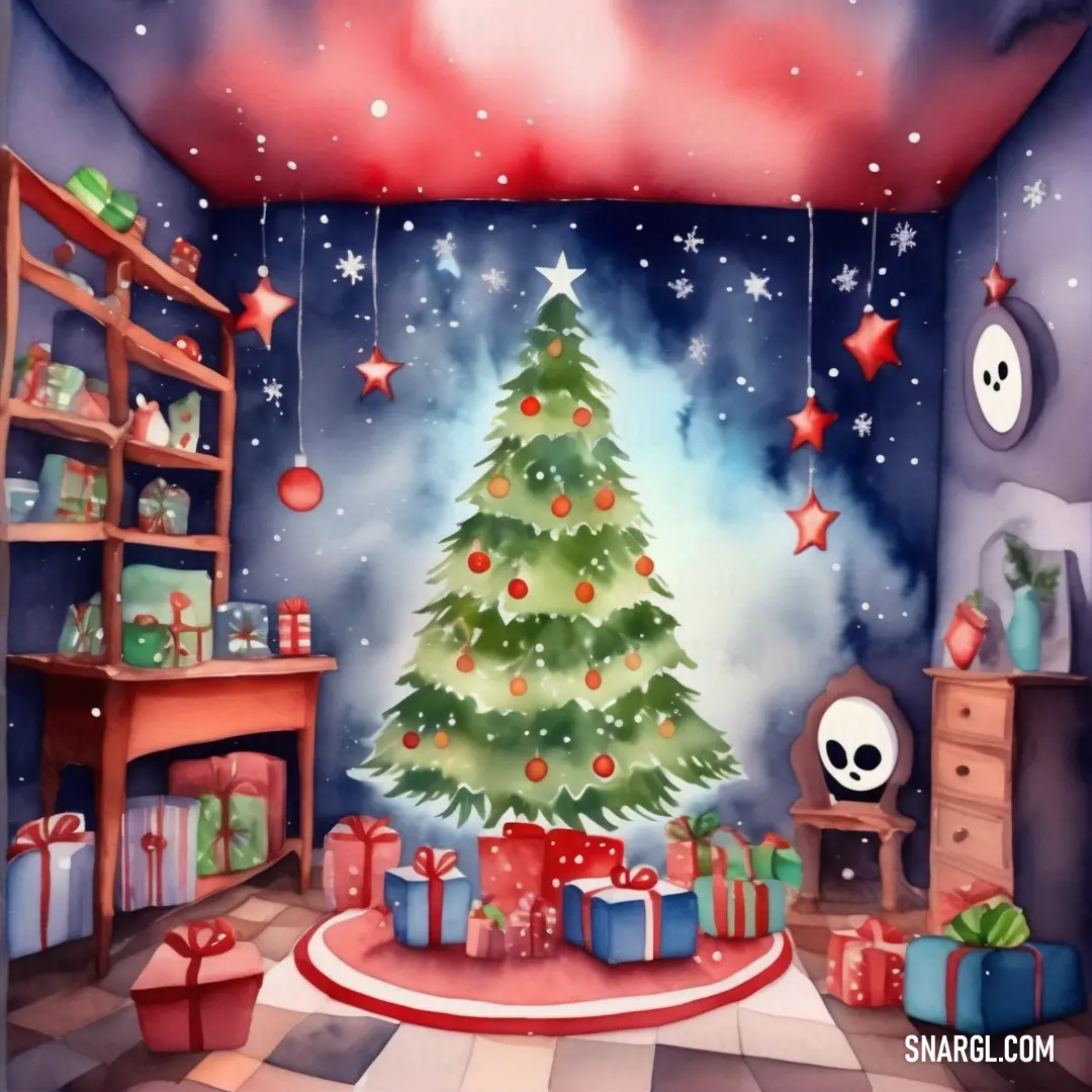 Christmas tree in a room with presents and a skull on the floor and a fireplace in the corner. Example of PANTONE 2347 color.
