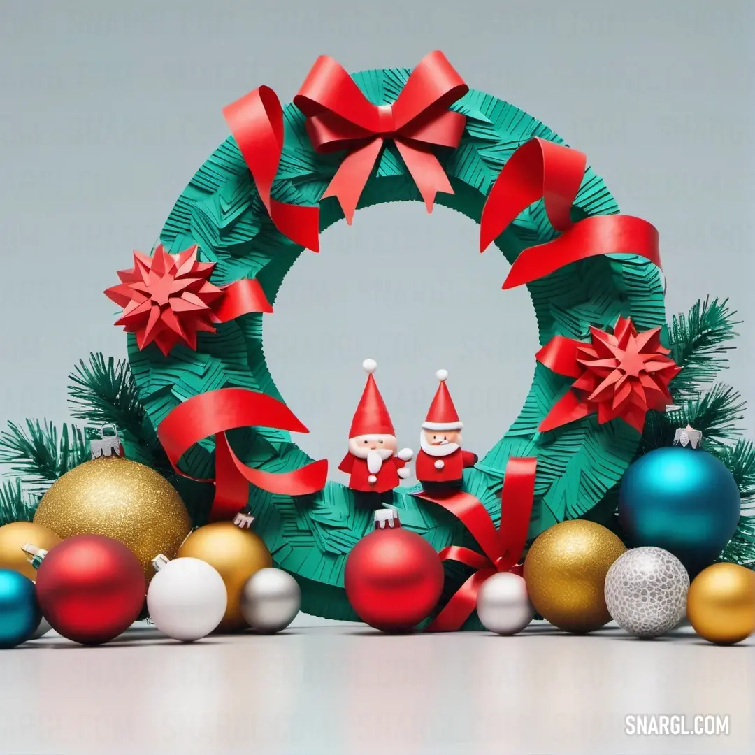 Christmas wreath with ornaments and a santa clause on it. Color RGB 215,57,41.