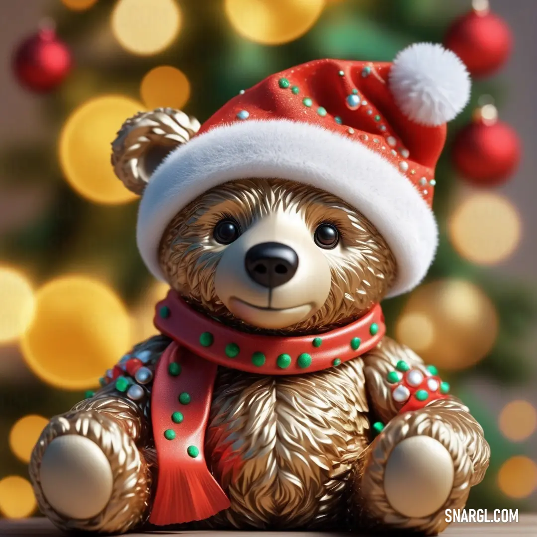 Teddy bear wearing a santa hat and scarf in front of a christmas tree with lights in the background. Example of RGB 215,57,41 color.