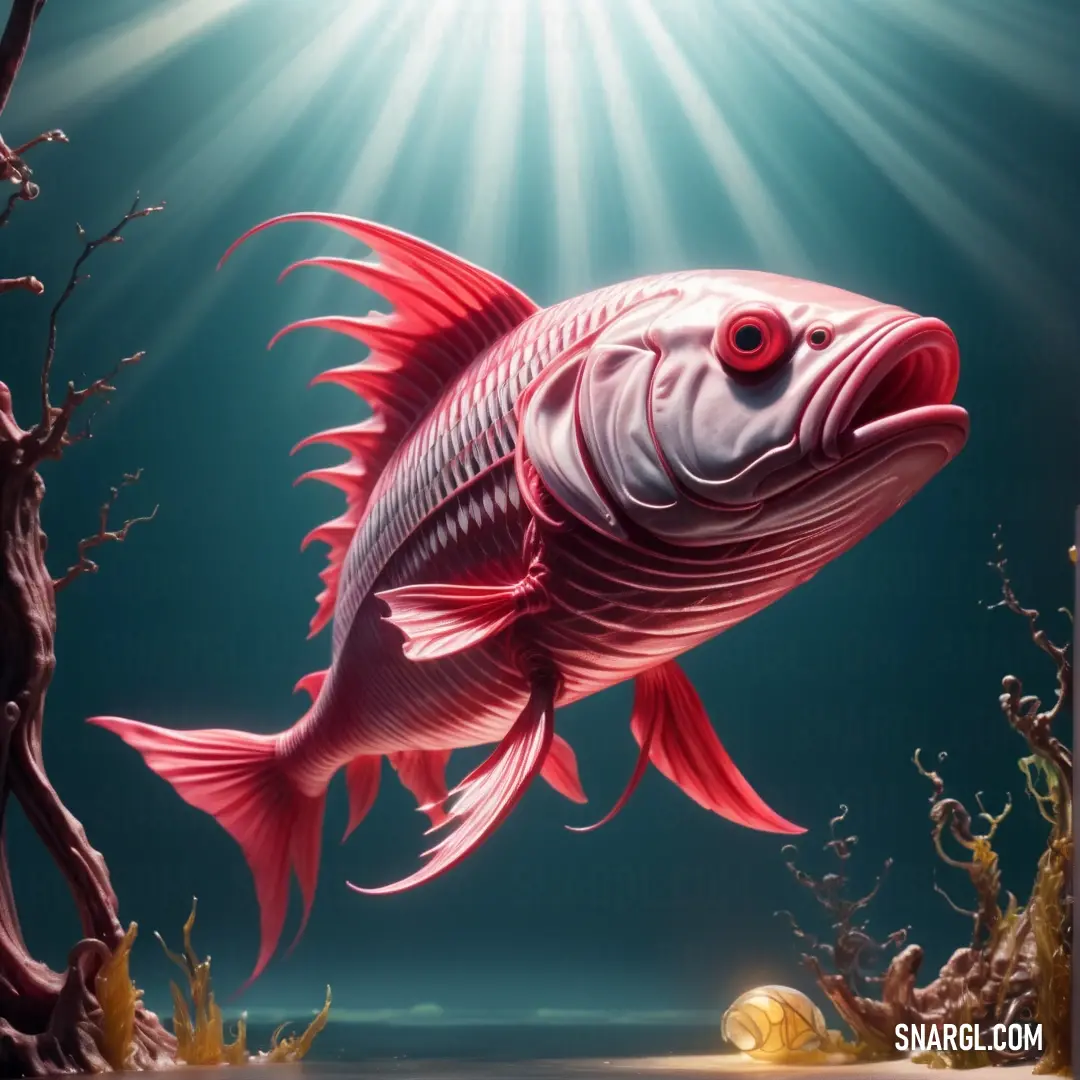 Fish that is swimming in some water near some rocks and plants and a light shining on it's side. Color #DA575A.