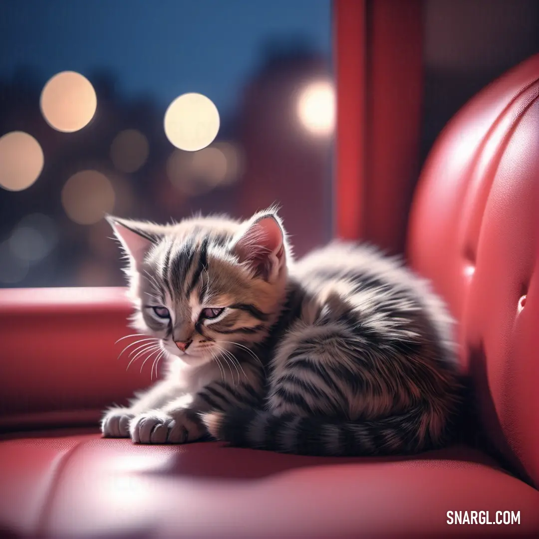PANTONE 2348 color example: Kitten is on a red chair looking at something in the distance with a blurry background