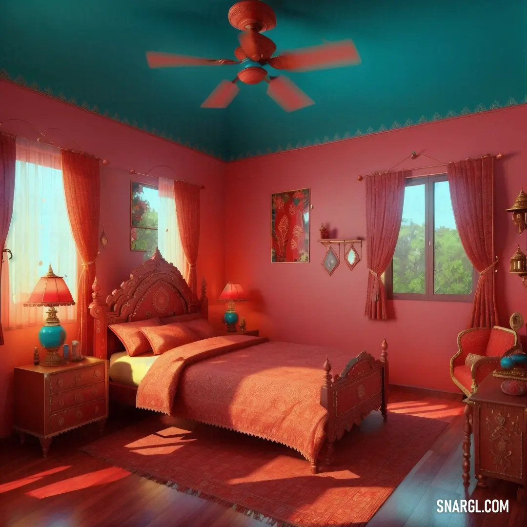 PANTONE 2349 color. Bedroom with a bed, dresser and a ceiling fan in it's corner with a pink wall