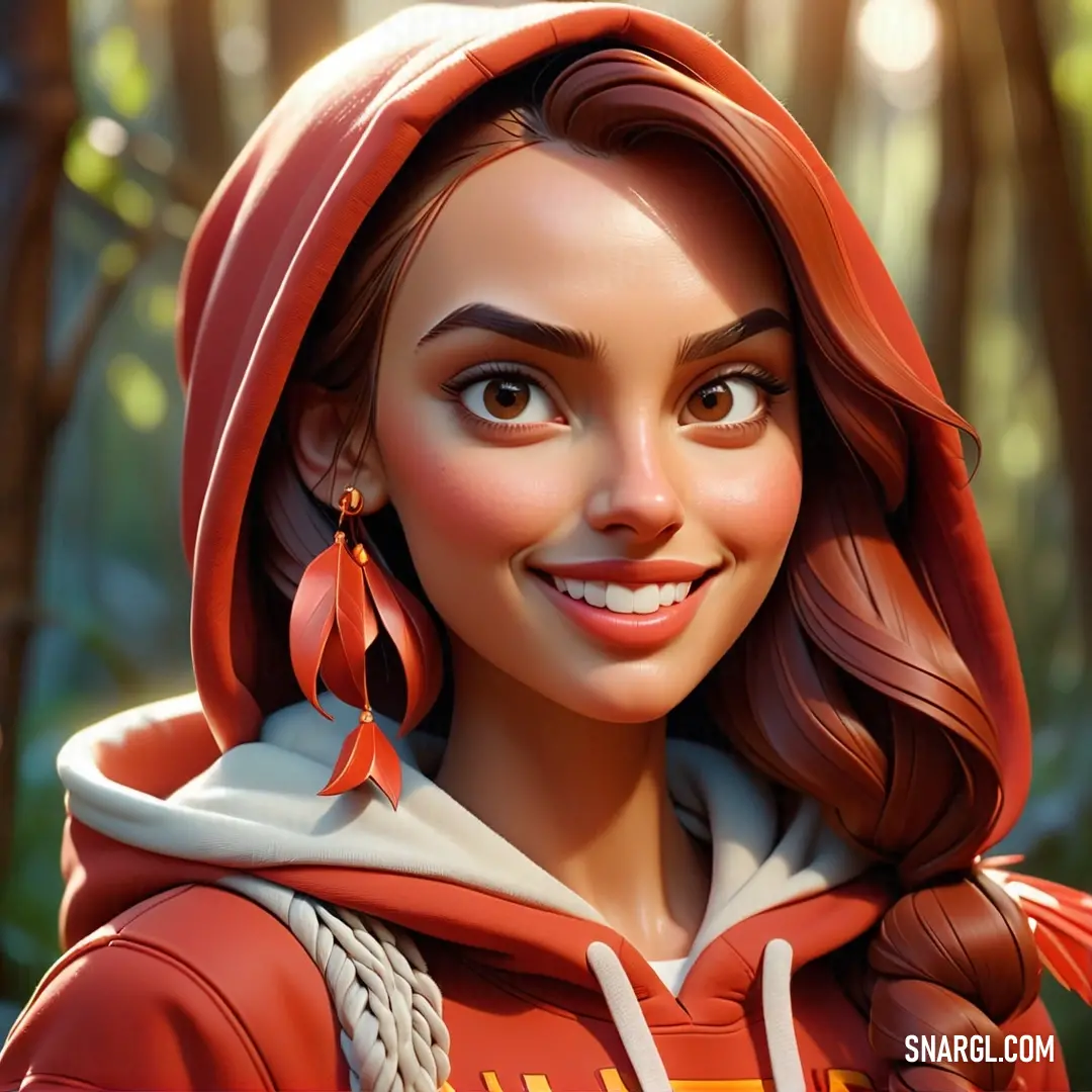 Cartoon character with a red hoodie and red earrings on her head and a smile on her face. Color #C7442A.