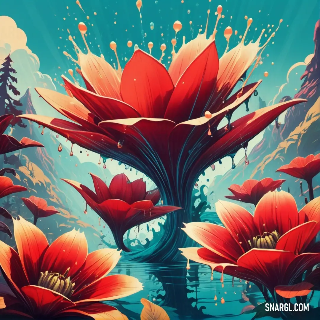 Painting of a red flower in a pond of water with trees in the background. Color CMYK 0,82,100,10.