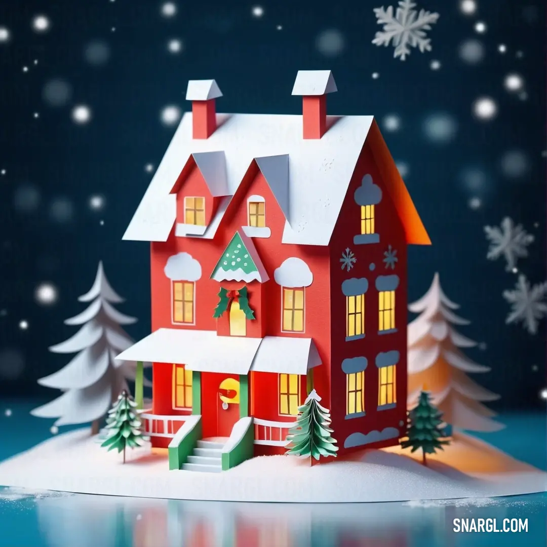 Paper house with a christmas tree and snowflakes on it's roof and a blue background. Example of CMYK 0,82,100,10 color.