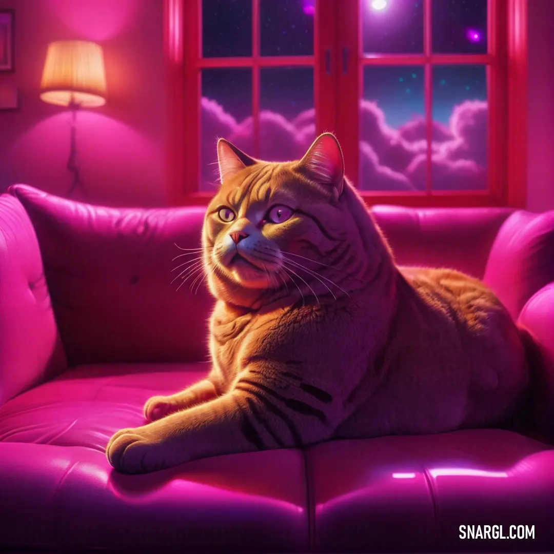 Cat on a couch in a room with a window and a pink couch and a lamp on the wall. Color RGB 139,30,86.