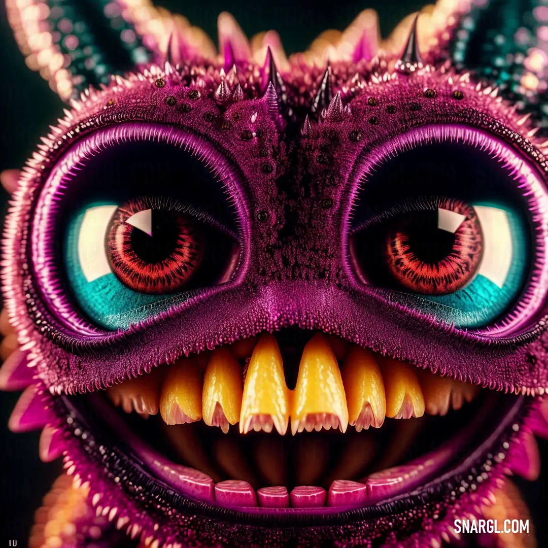 Close up of a purple monster with big eyes and a toothy grine on its face and mouth