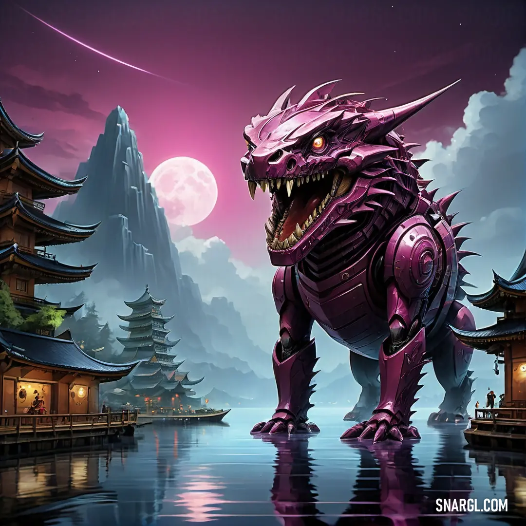 Dragon statue is standing in the water near a mountain and pagodas at night with a full moon. Color #8B1E56.