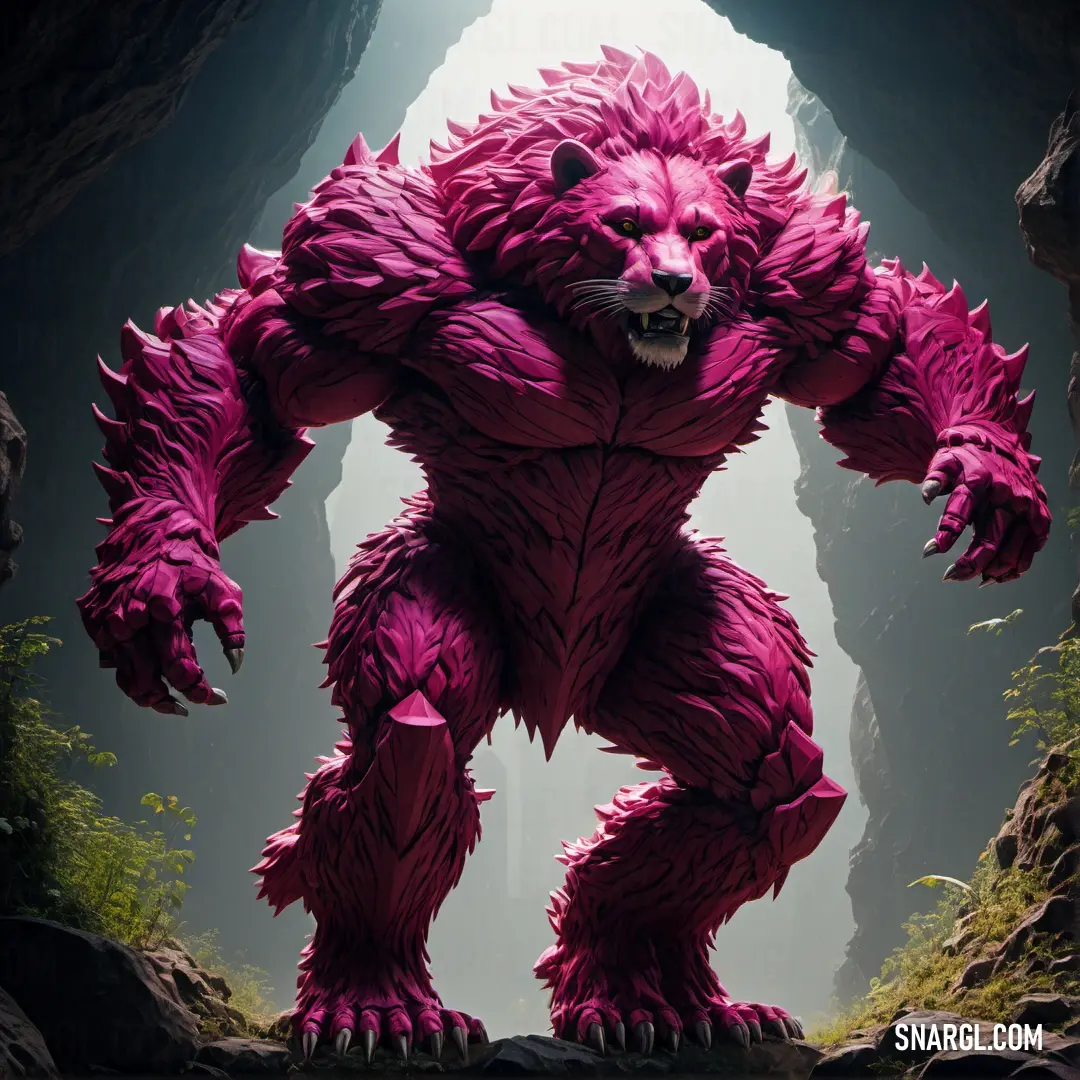 Giant purple monster standing in a cave with a light shining on it's face and mouth. Example of #8B1E56 color.