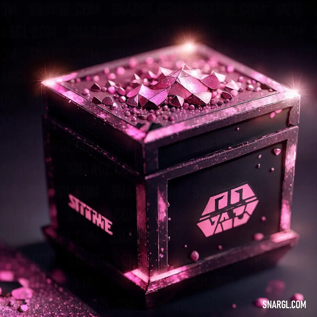 Pink box with a diamond on top of it and a purple background with bubbles around it and a pink light shining on the top