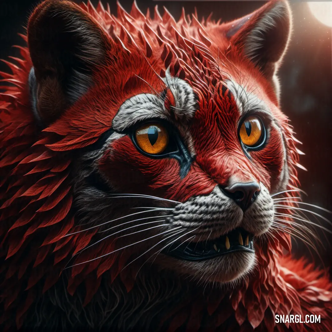 Painting of a red cat with yellow eyes and a black background with a white border around it