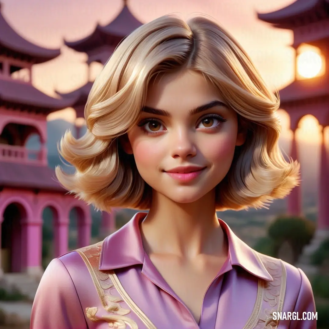Cartoon girl with blonde hair and a pink shirt in front of a castle with a pink sky in the background. Example of PANTONE 2351 color.