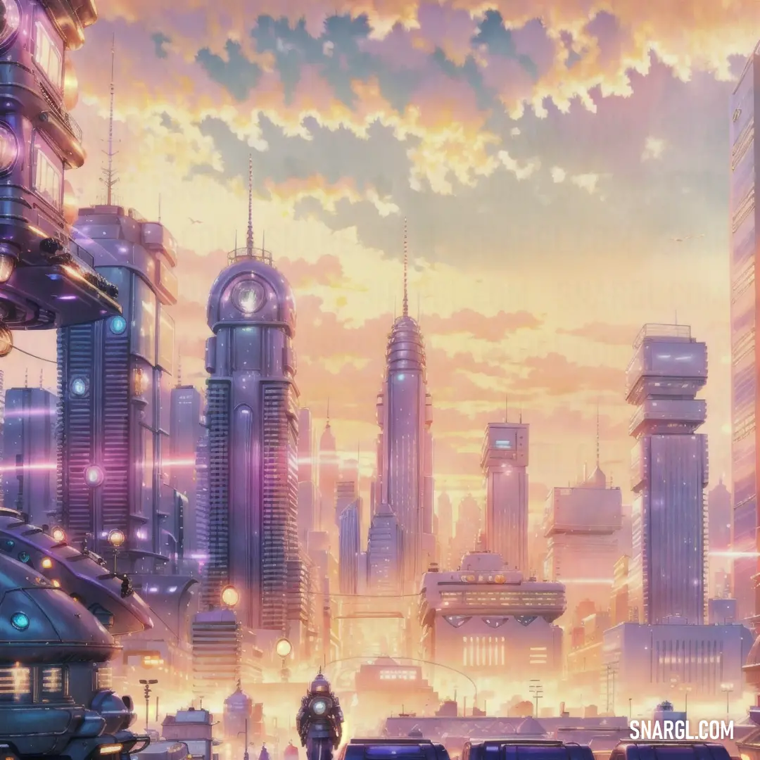 Futuristic city with a man standing in front of it at sunset or sunrise with a person walking in the foreground