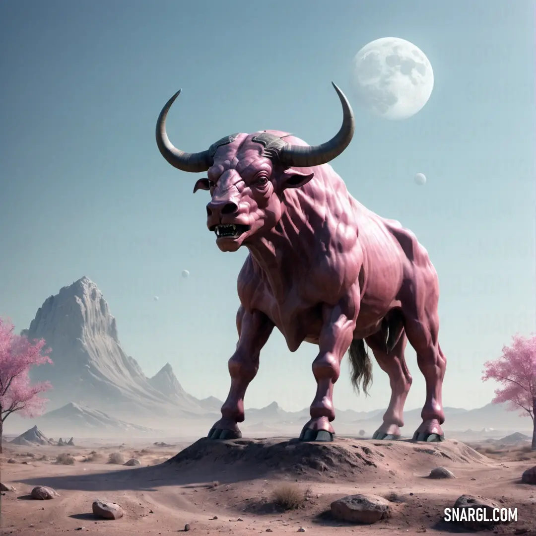 PANTONE 2351 color. Large bull standing on top of a desert covered ground next to a moon filled sky and a mountain