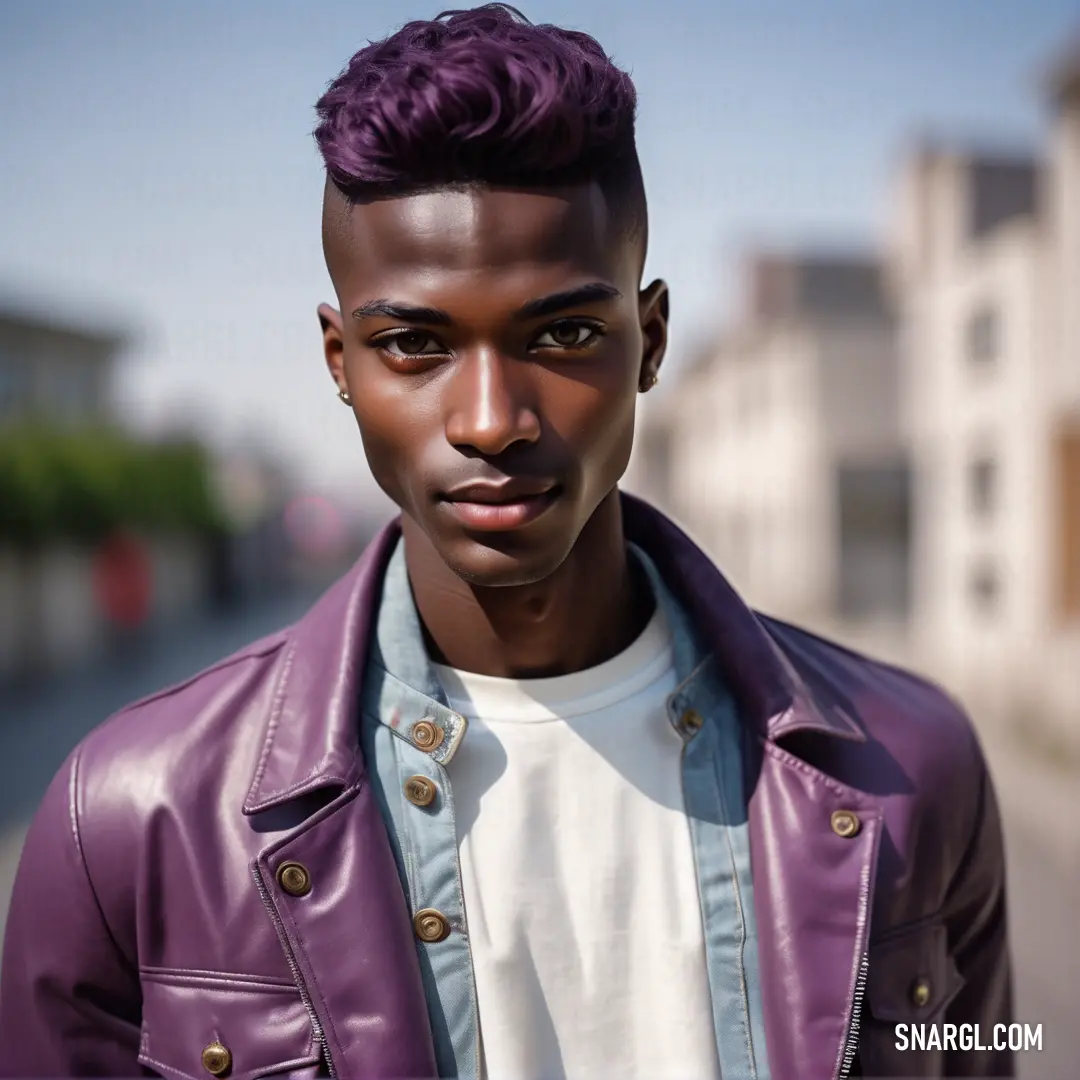 PANTONE 2351 color example: Man with a purple jacket and a white shirt is standing in the street with a purple jacket on