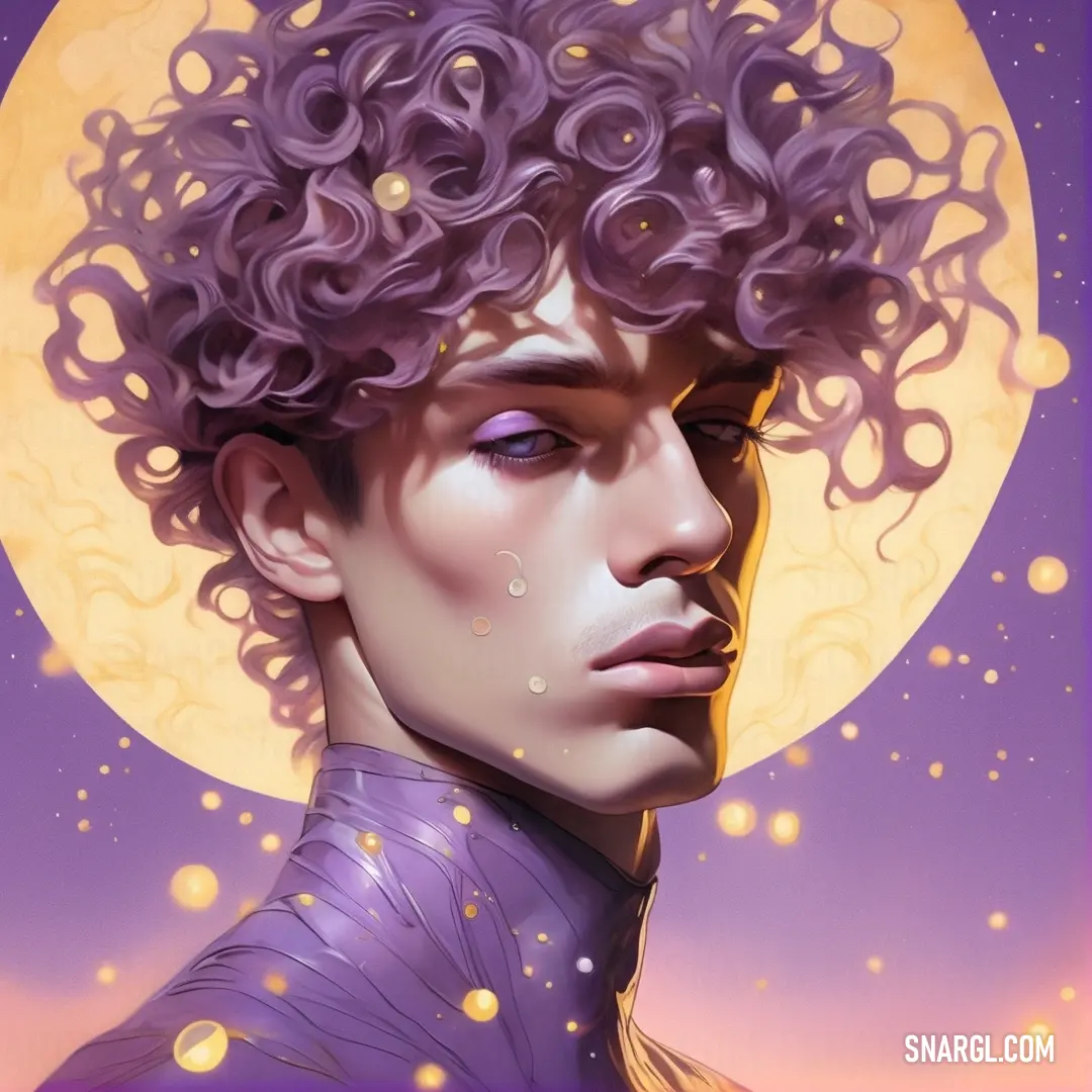 Painting of a man with curly hair and a moon in the background. Example of CMYK 24,59,0,0 color.