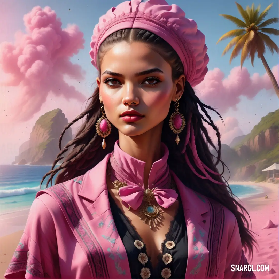 PANTONE 2351 color. Painting of a woman with long hair and a pink top on a beach with palm trees in the background