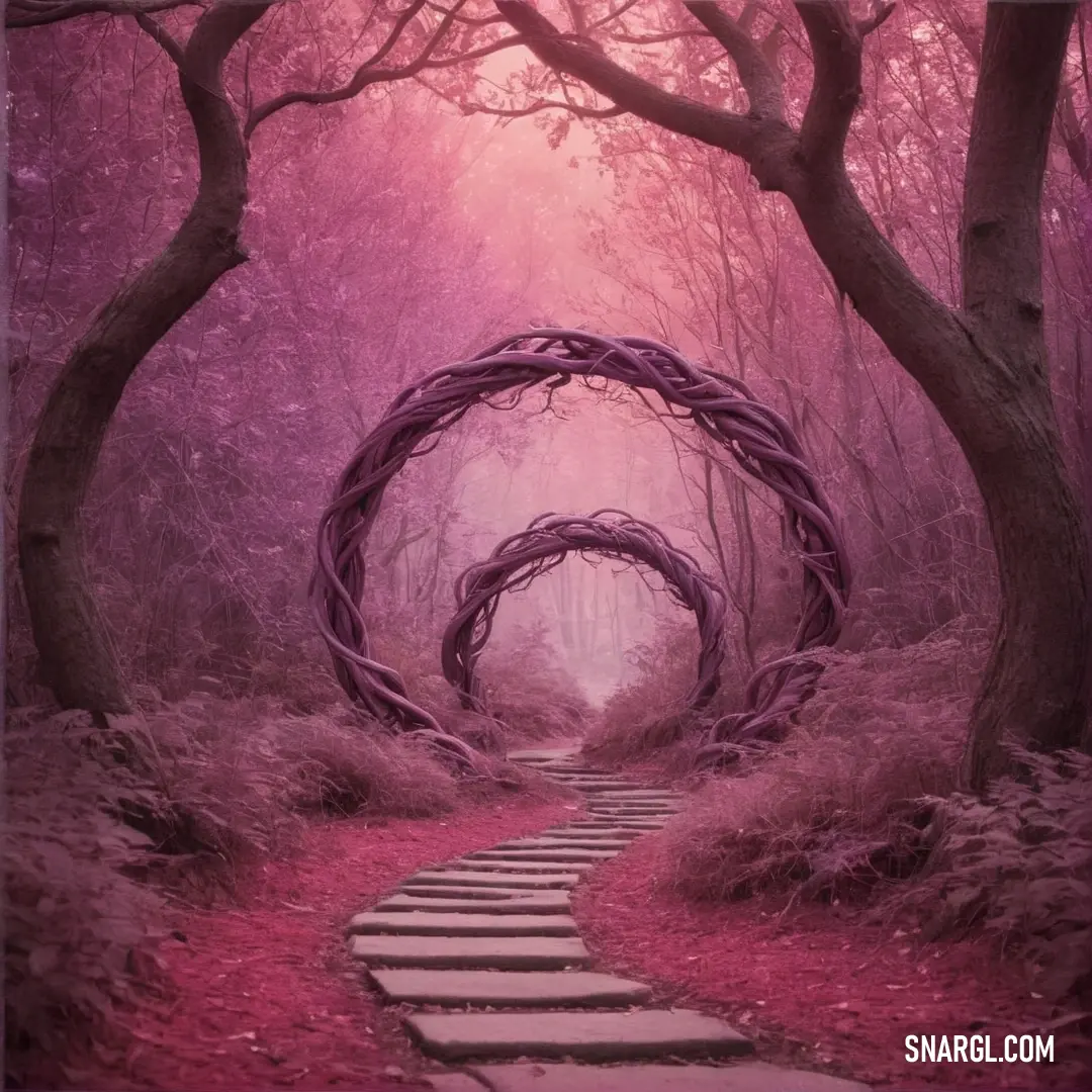 PANTONE 2351 color example: Path in the middle of a forest with a purple sky above it and a circular arch leading to the top