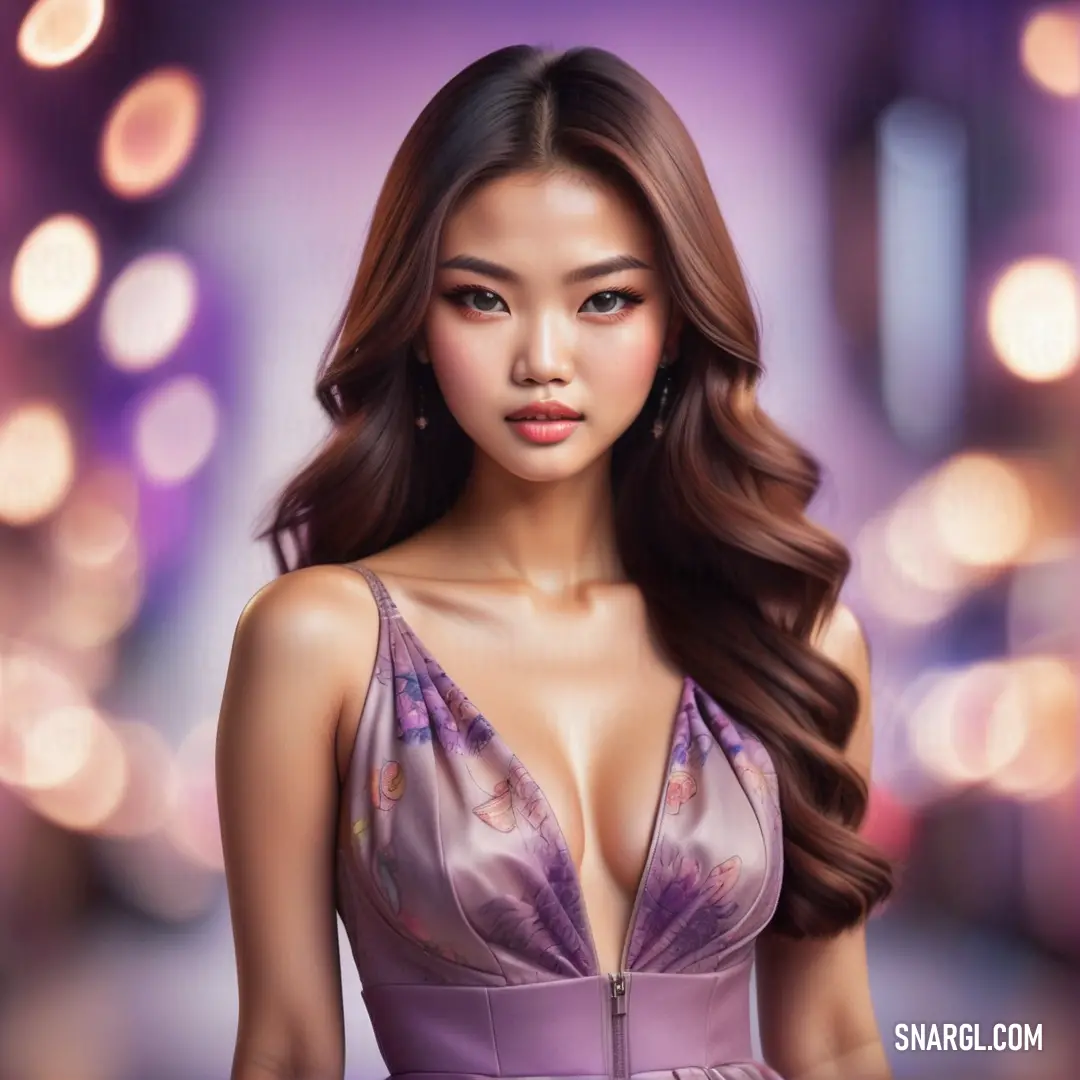 PANTONE 2351 color. Woman in a purple dress with a purple background