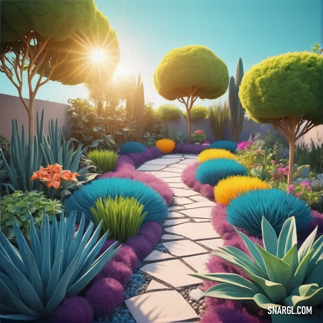 Garden with a pathway and colorful plants and flowers on the ground and trees. Example of PANTONE 2352 color.