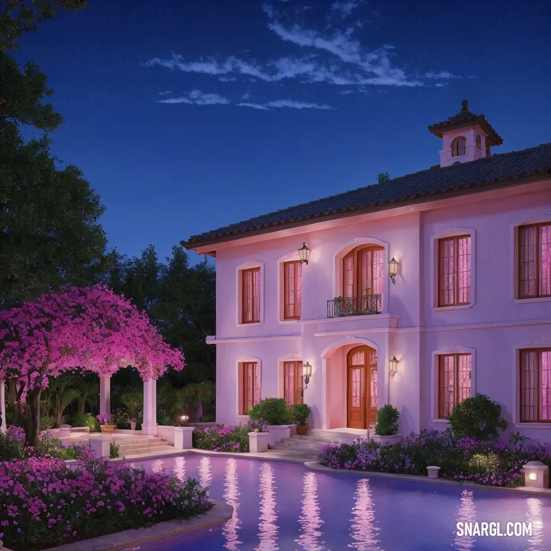 Large house with a pool in front of it at night time with pink flowers. Example of PANTONE 2352 color.
