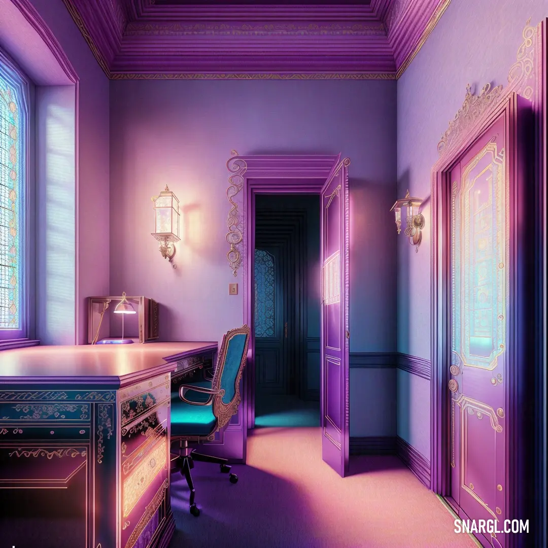 Room with a desk and a chair in it with a purple wall and a purple door and window. Example of RGB 181,100,155 color.