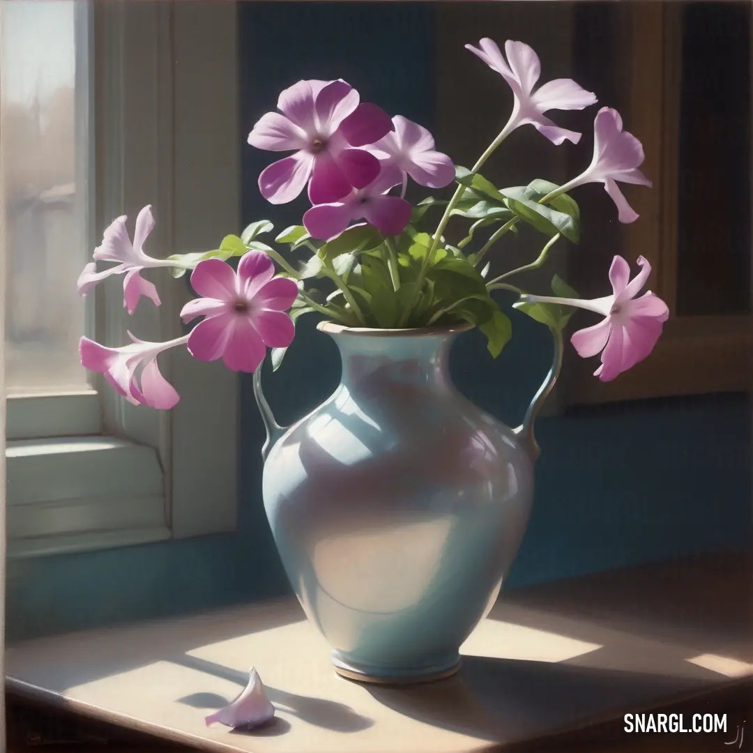 Vase with flowers in it on a table next to a window sill with a shadow of a window. Color PANTONE 2352.