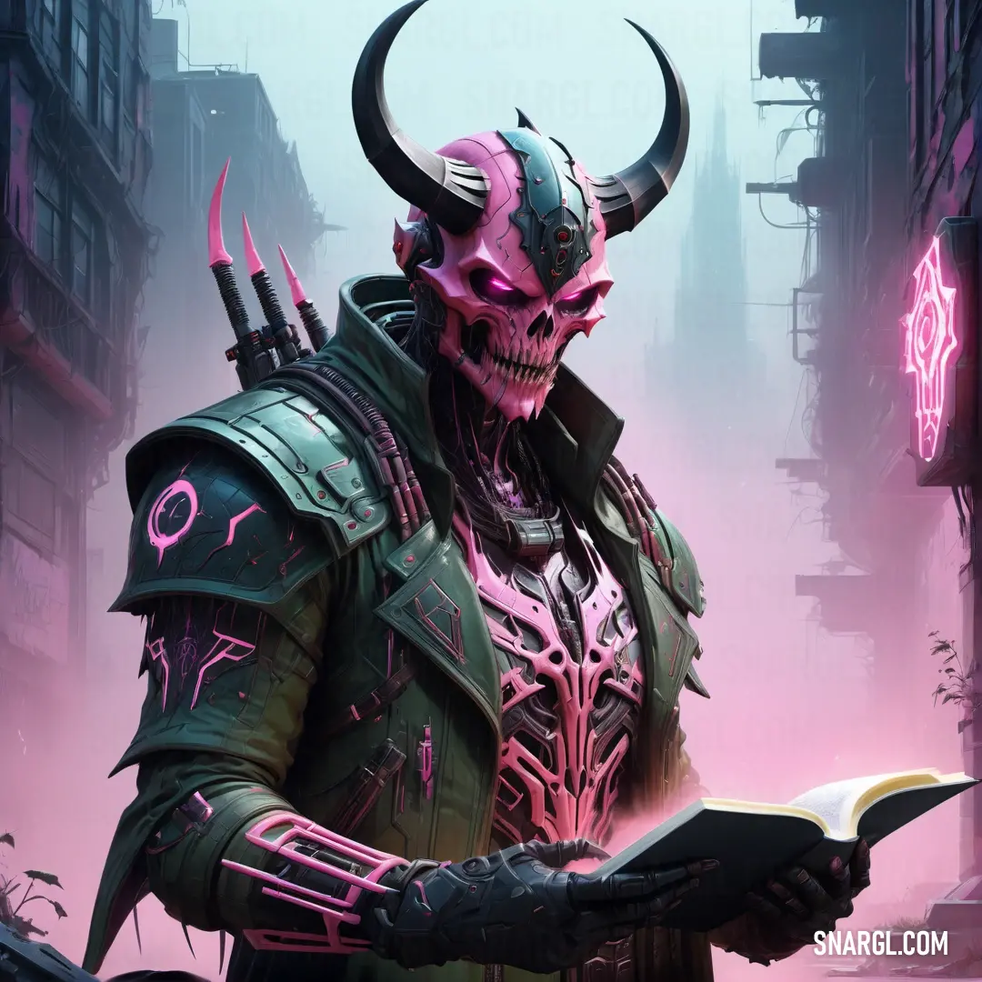 Demonic looking demon holding a book in a city street with neon lights on it's sides and a neon pink glow on his face