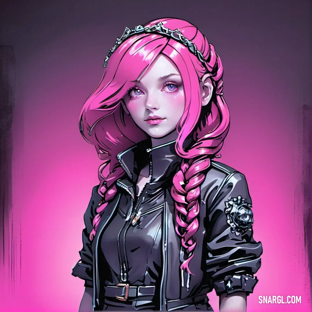 RGB 186,83,144 example: Drawing of a girl with pink hair and a black jacket on