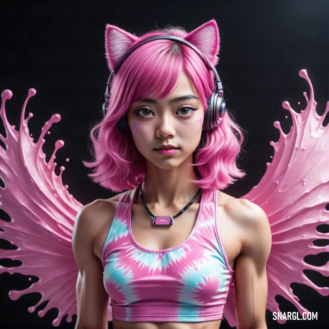 Girl with pink hair and headphones wearing a pink and blue top with pink wings and a cat ears. Example of #BA5390 color.