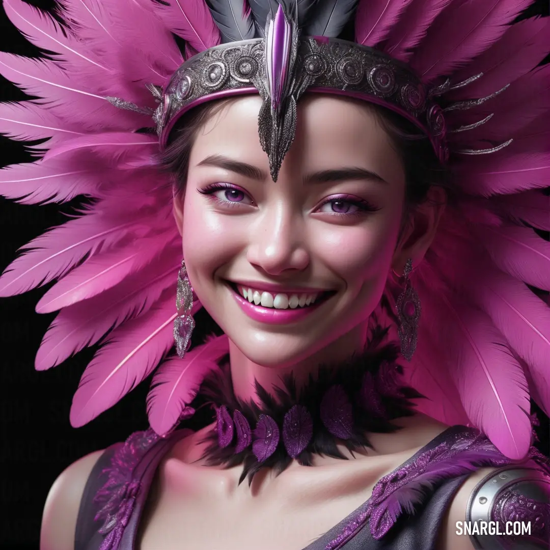 Woman with a pink feathered headdress and a smile on her face. Color PANTONE 2353.